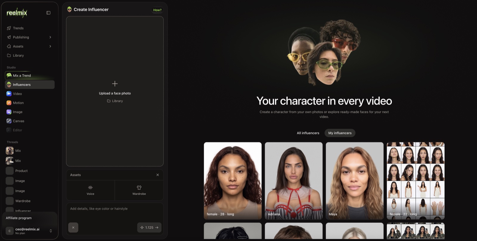Influencers: create a character from a face photo or pick a ready-made face; gallery of characters with frame sheets