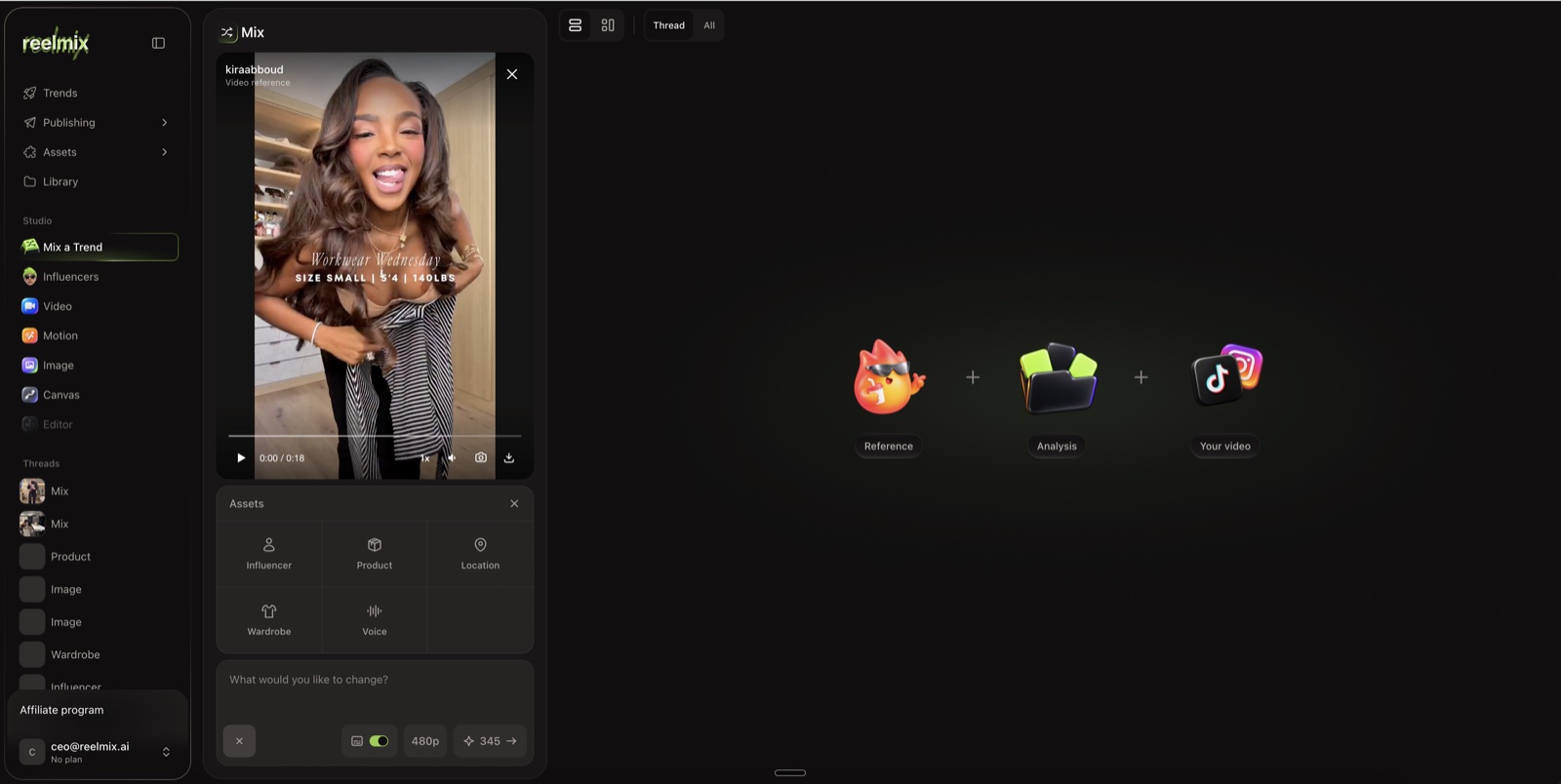 Mix composer: reference video loaded, assets panel with influencer, product, location, wardrobe and voice