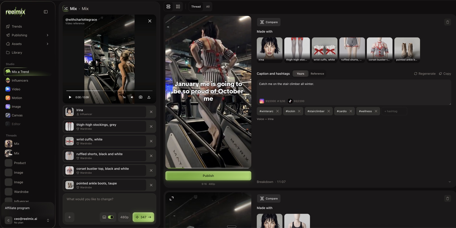 reelmix Mix: reference on the left, the finished Mix with character, wardrobe, caption and hashtags, Publish button