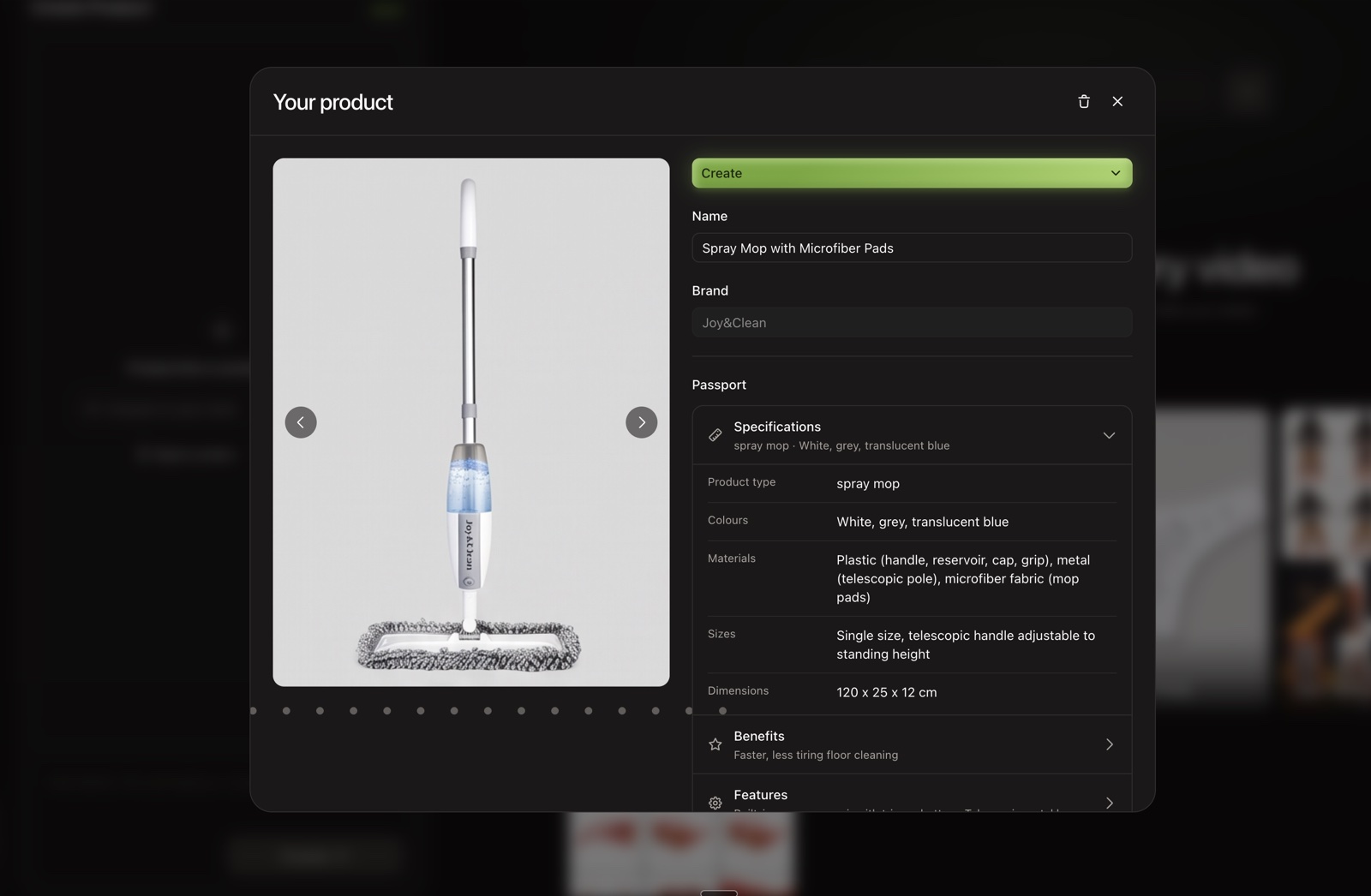 Product passport: spray mop with specifications, benefits and features filled in automatically