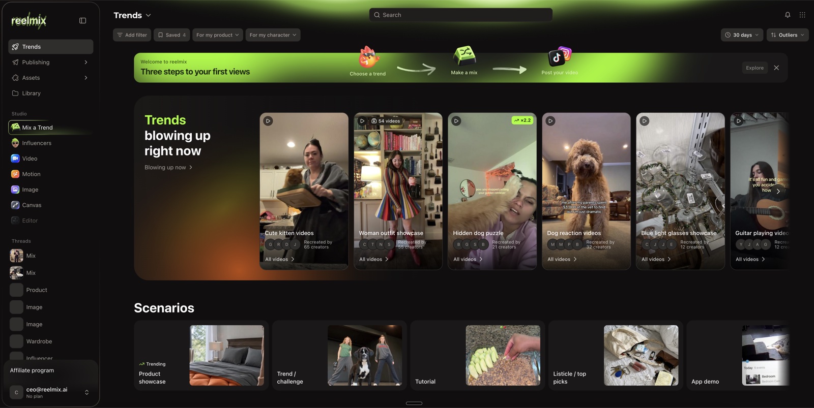 reelmix Trends: trends blowing up right now, filtered for my product and my character, with scenarios